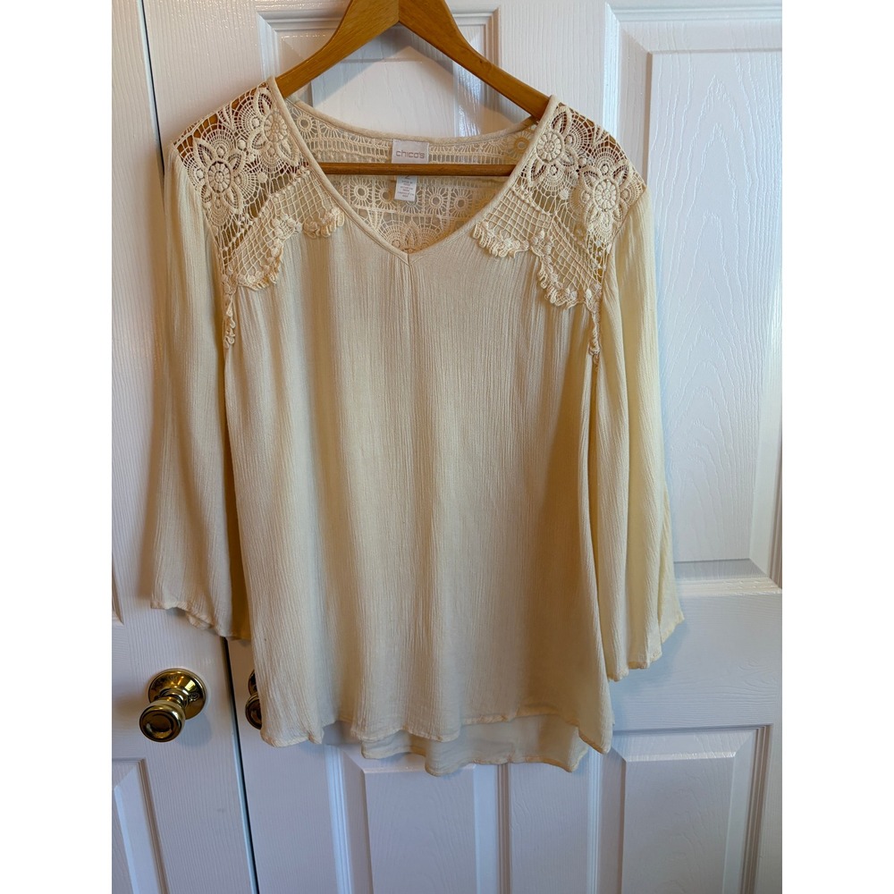 Chicos Cream Crochet Lace V-Neck Blouse Rayon Boho Top Size 2 L